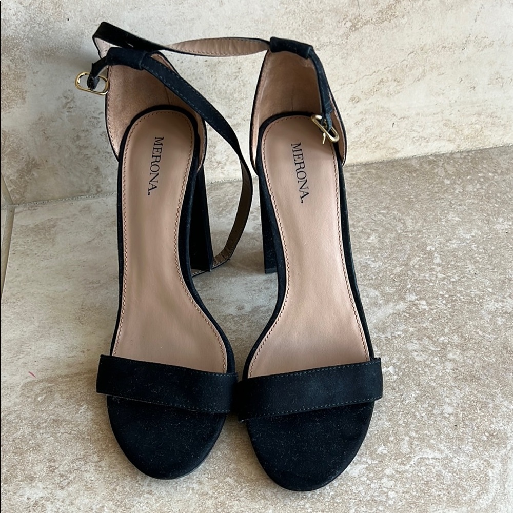 Merona Black Suede Open-Toe Ankle Strap Heels